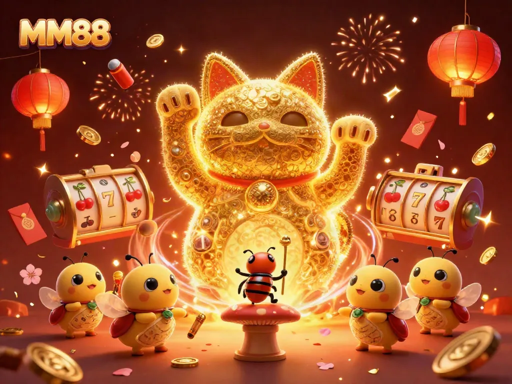 Engage in winning slots action with MM88's golden firefly cat in a vibrant casino scene.