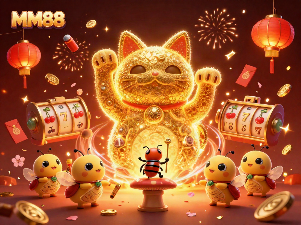 Engage in winning slots action with MM88's golden firefly cat in a vibrant casino scene.