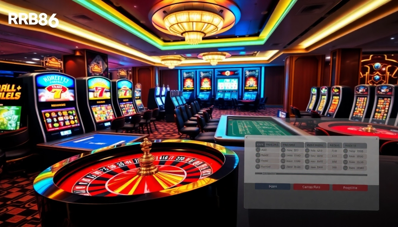 Experience rr88 đăng nhập with excitement at a luxurious casino featuring roulette tables and vibrant slot machines.