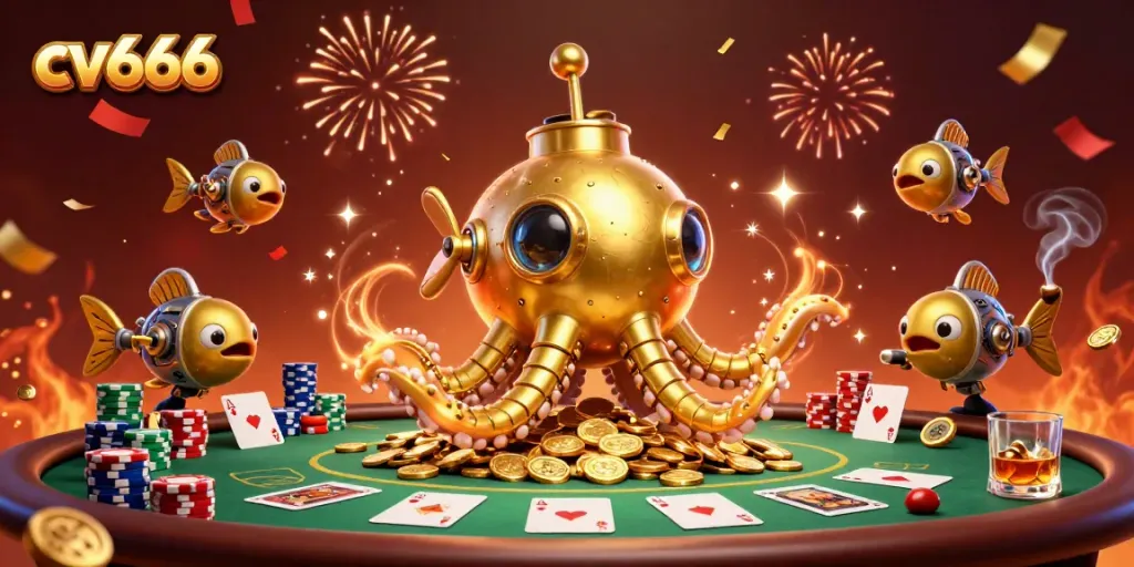Experience the excitement of cv666 with an intense poker showdown featuring a golden kraken submarine and winning elements.