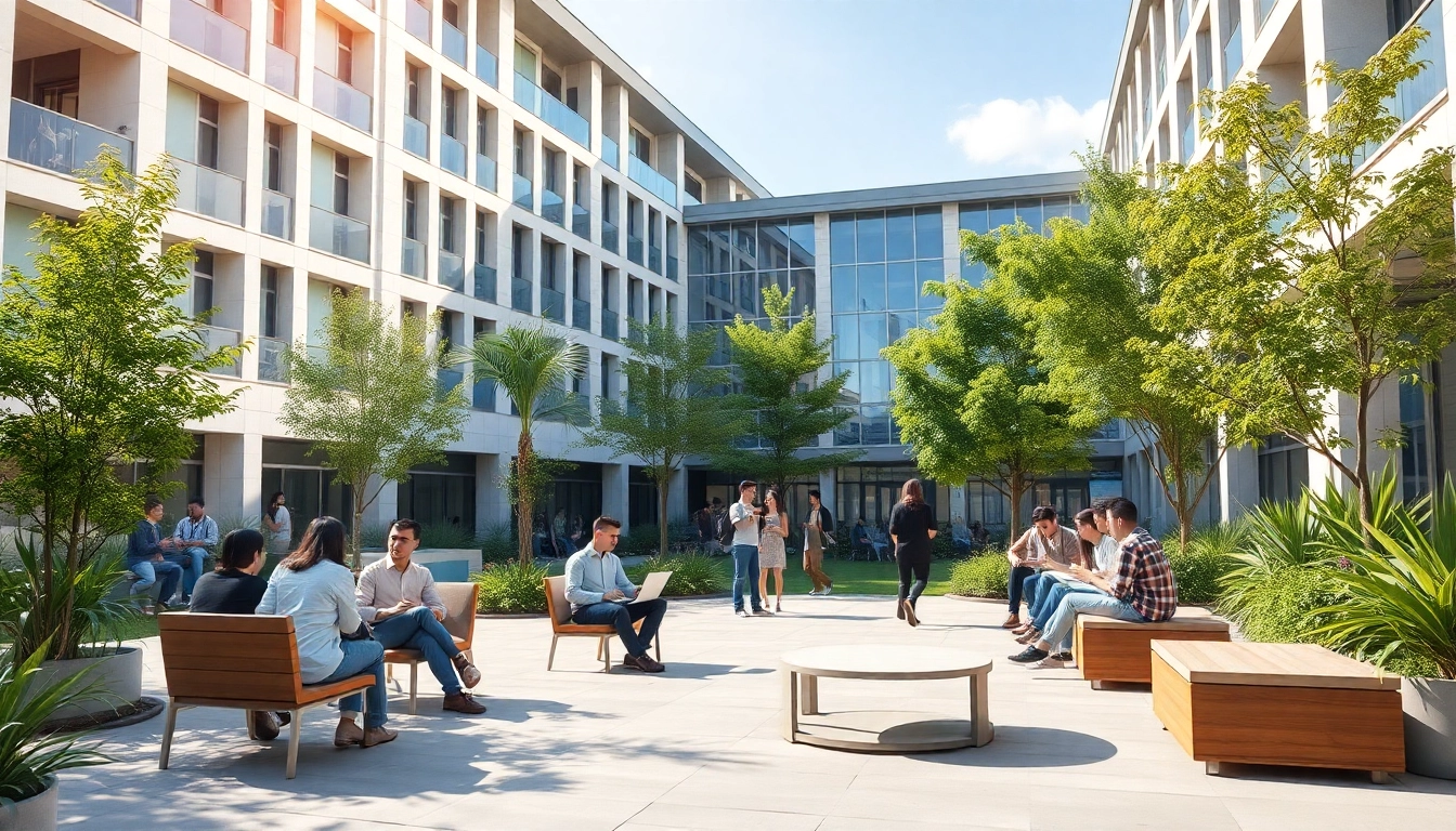 Nisantasi University apply: Engaged students collaborating on campus in a modern, vibrant setting.