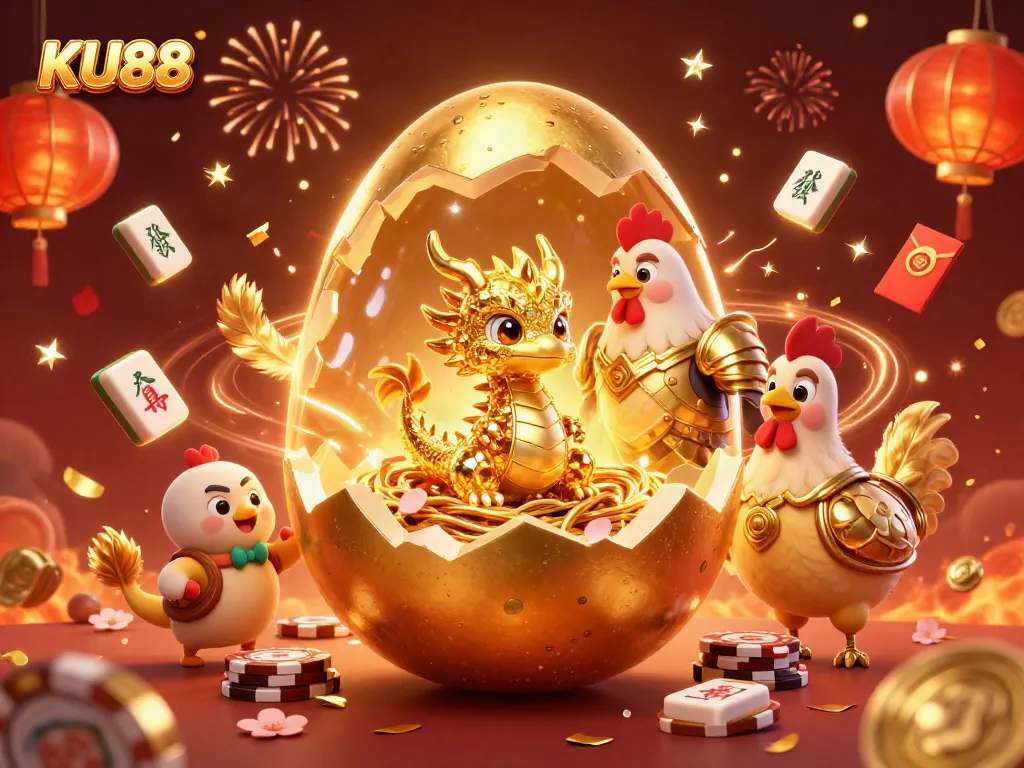 Experience the excitement of KU88 as a golden dragon guards poker chips amidst vibrant gambling elements.