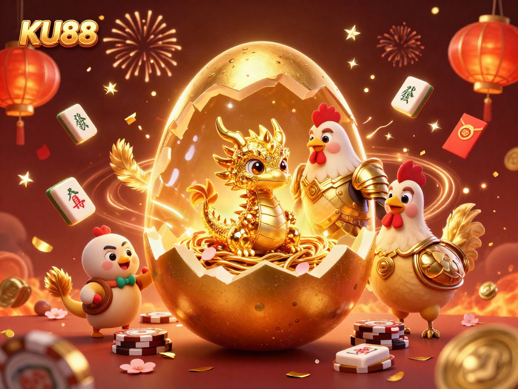 Experience the excitement of KU88 as a golden dragon guards poker chips amidst vibrant gambling elements.
