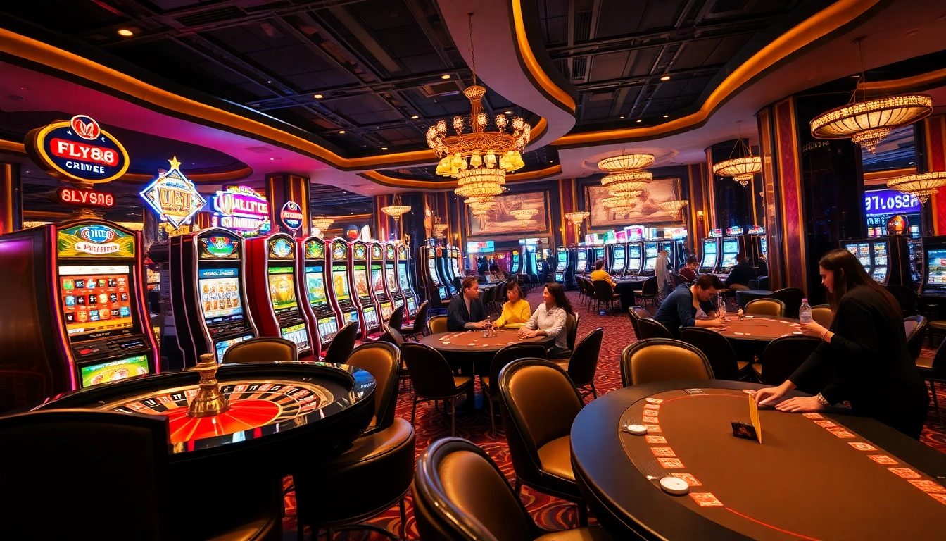 Engaging players in thrilling gaming actions at the FLY88 Link casino, showcasing vibrant slot machines and roulette.