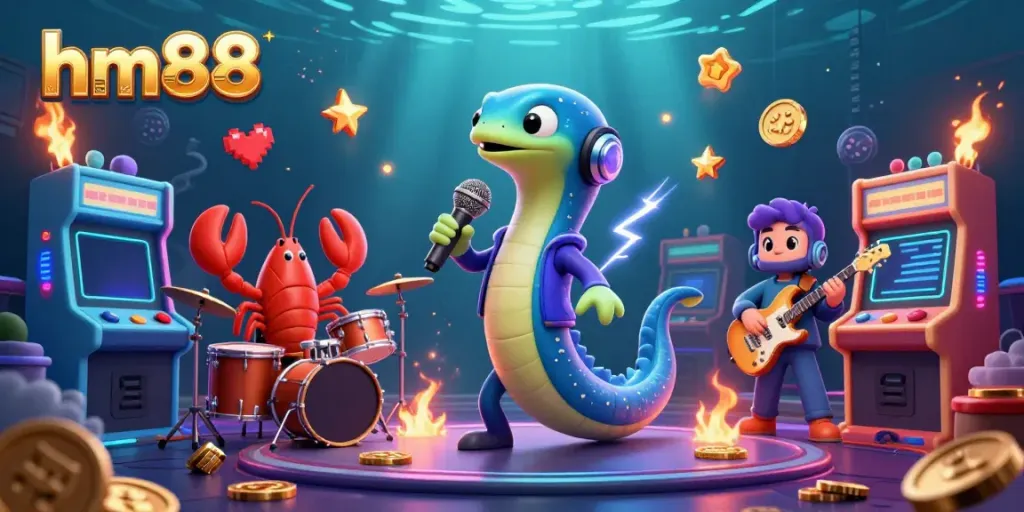 Experience the vibrant underwater casino stage at hm88, complete with a DJ electric eel, lobster drummer, and seahorse guitarist.