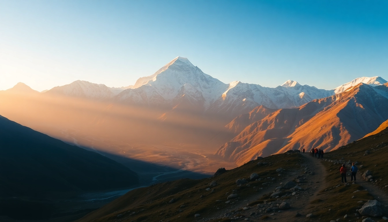 Stunning view of mount Everest Base Camp trek with early morning light illuminating snow-capped peaks and trekking trails.