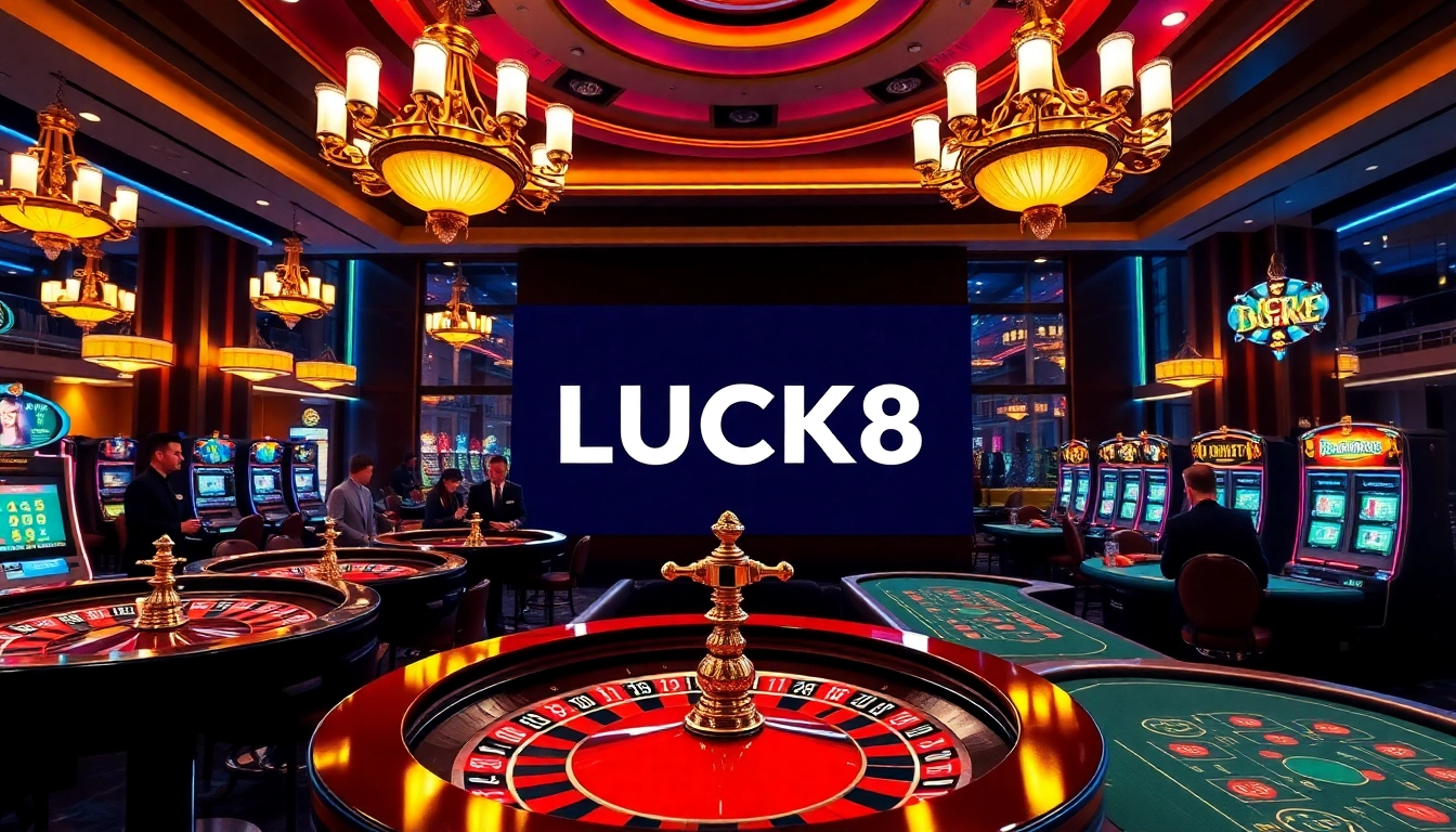 Trải nghiệm sự phấn khích của LUCK8 trong bầu không khí casino sôi động với các bàn chơi và máy đánh bạc.