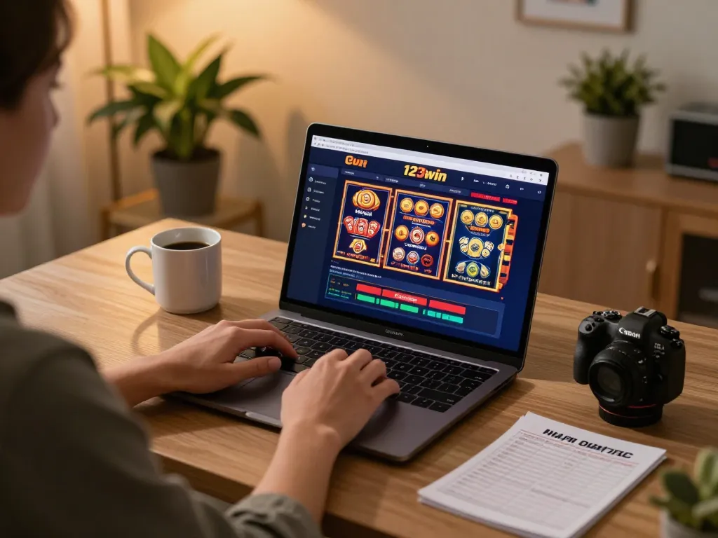 Playing casino games on 123win's online platform from a cozy home setup.
