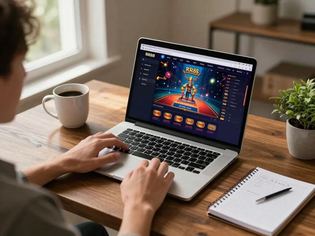 Player engaging with the RR88 online casino platform, showcasing responsible gaming in a stylish home setup.