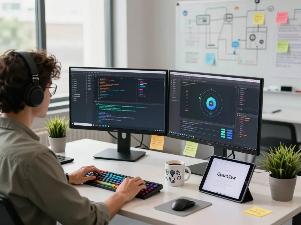 Open claw AI development workspace featuring coding monitors and a vibrant tech environment