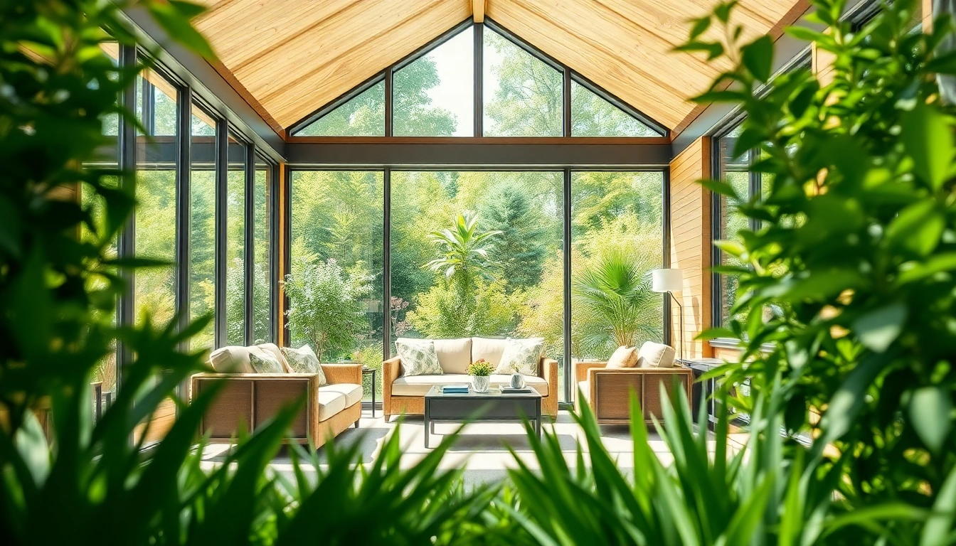 Inviting sunroom addition featuring large glass windows and cozy furniture in a beautiful garden.