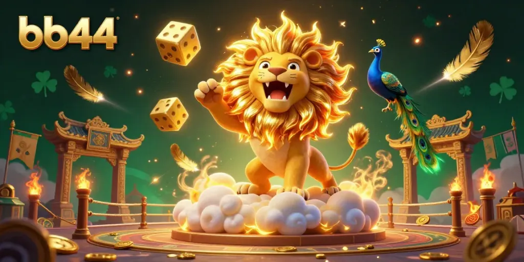 Experience exhilarating wins with bb44 in a dynamic 3D casino scene featuring golden dice and a roaring lion.