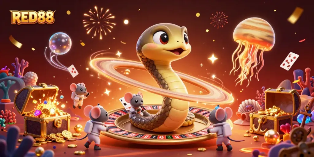 Experience the thrill of RED88 with unique betting on a cosmic roulette scene filled with vibrant characters.