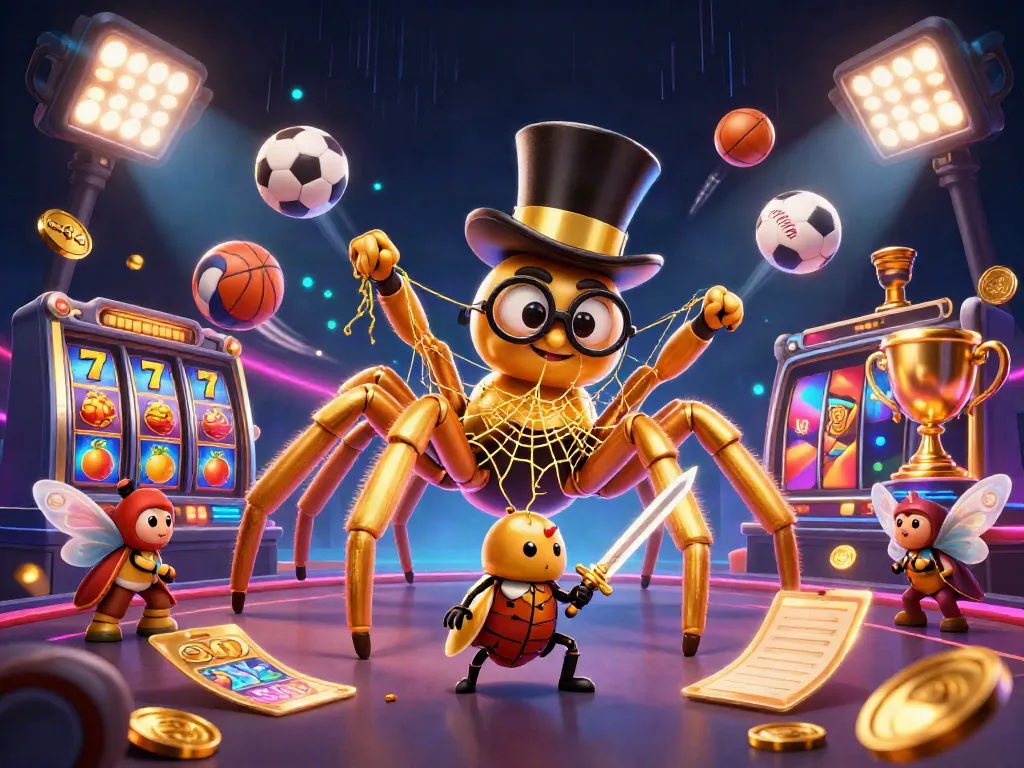 Engaging illustration of cd44 gameplay with a giant spider and a beetle knight in a colorful casino setting.