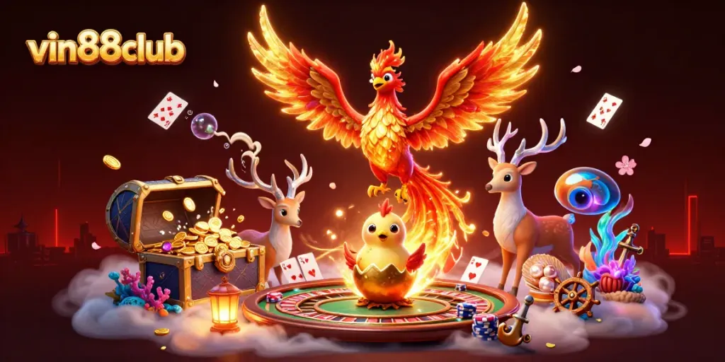 Enhance your gaming with vin88club's vibrant 3D illustration showcasing thrilling casino elements and captivating visuals.