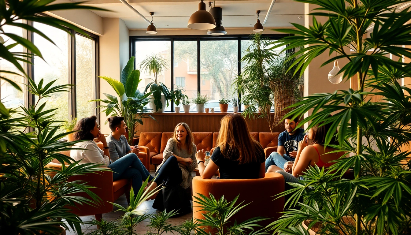 Relaxing atmosphere in a Social club Madrid featuring friends enjoying cannabis in a cozy setting