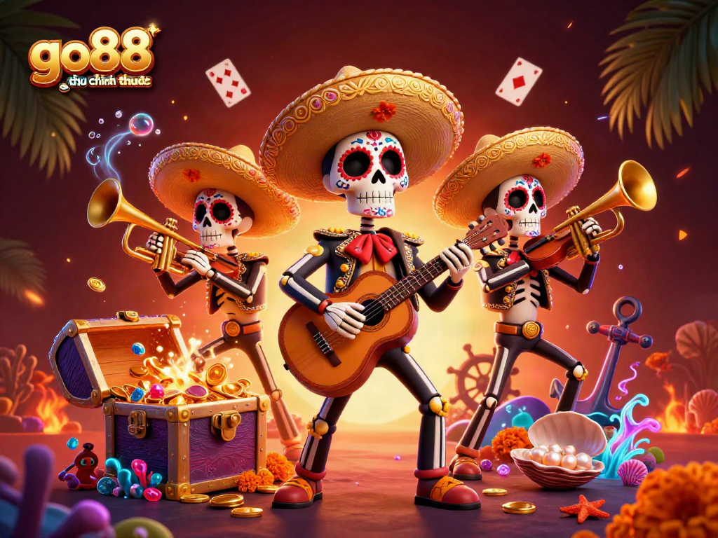 Join the vibrant go88 trang chu chinh thuc experience with a lively mariachi band in a casino-themed illustration.