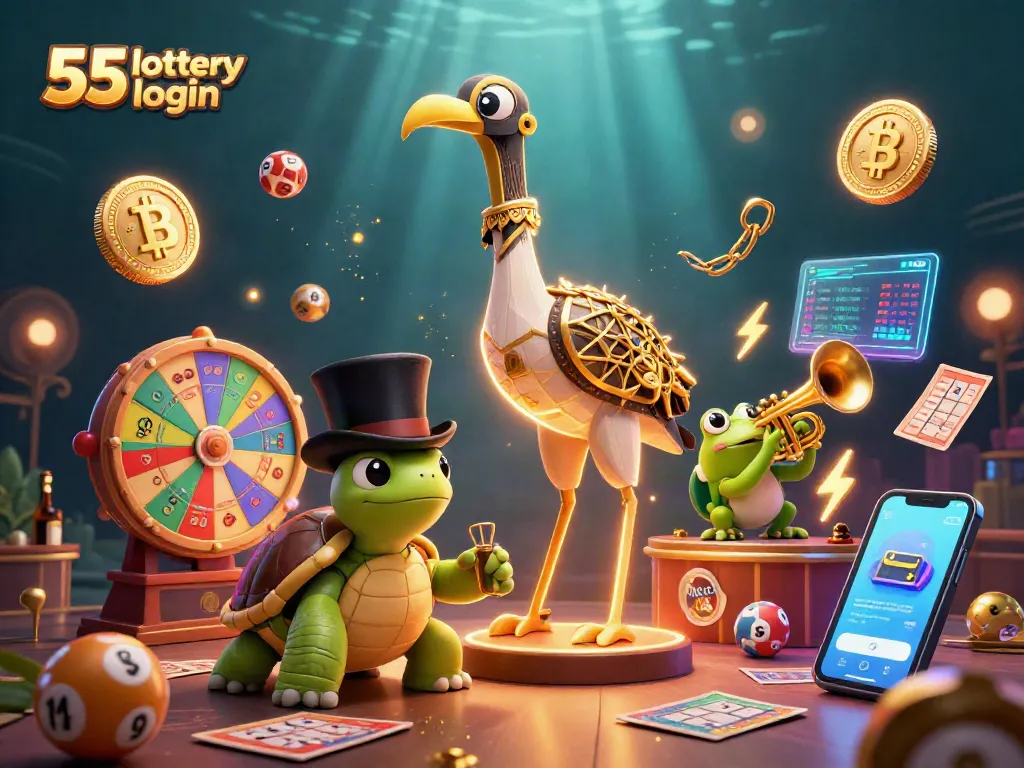 Engage in 55 lottery login with vibrant, colorful characters and lottery elements in an exciting gaming scene.