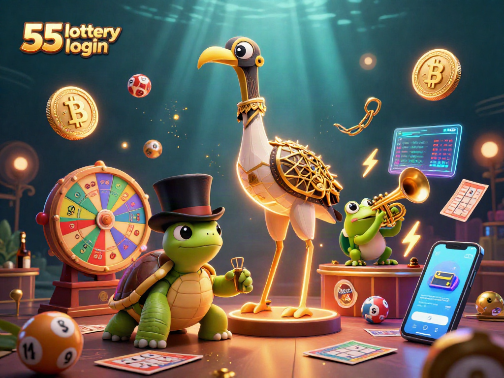 Engage in 55 lottery login with vibrant, colorful characters and lottery elements in an exciting gaming scene.