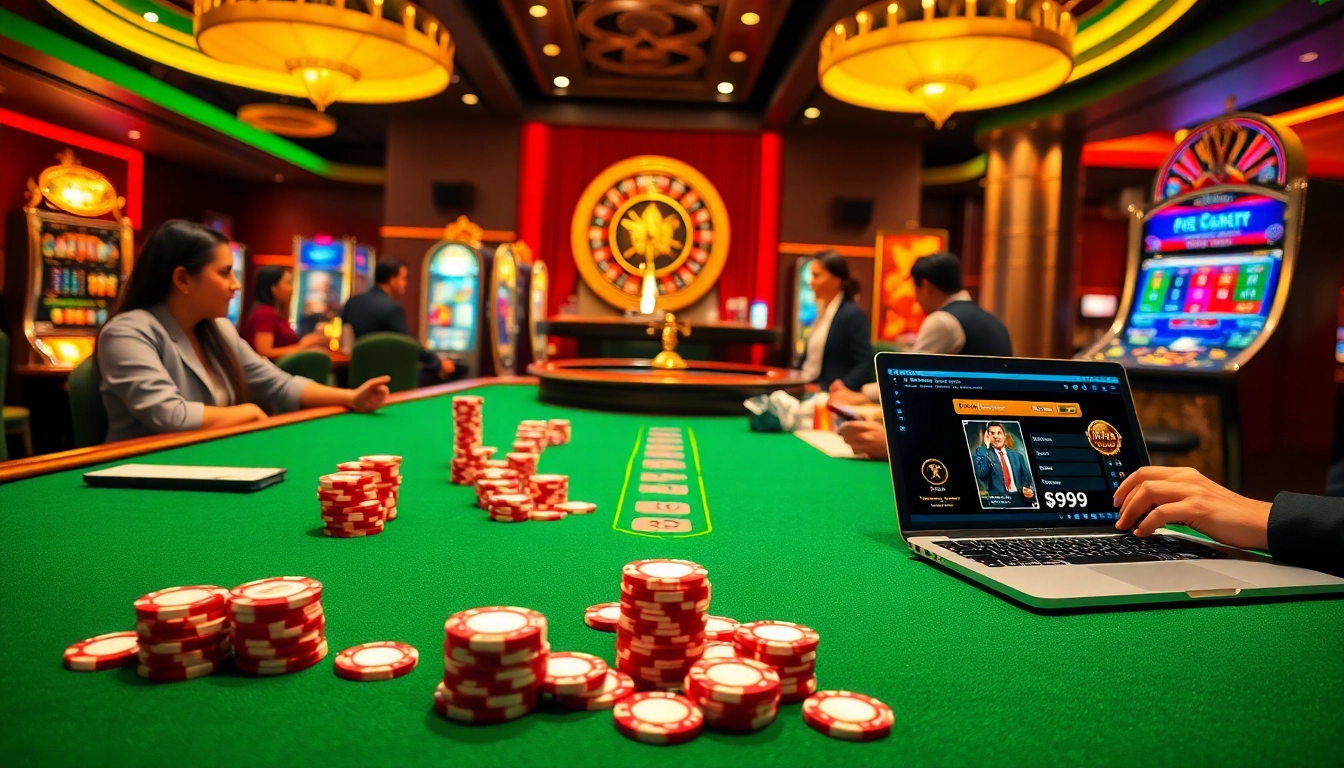 Players enjoying high-stakes games at PS99 Casino with vibrant slot machines and poker tables.