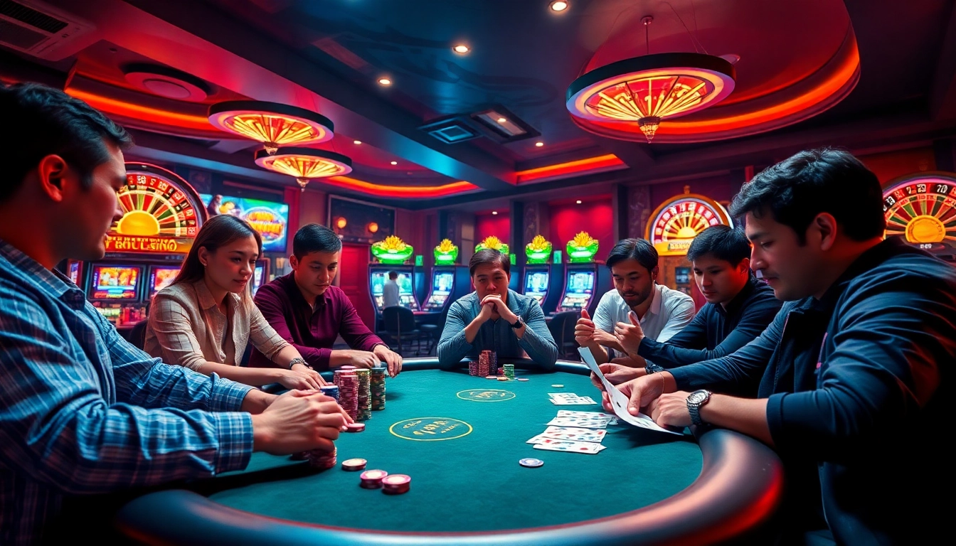 Exciting gameplay at Kim Casino with players at a poker table and colorful chips.