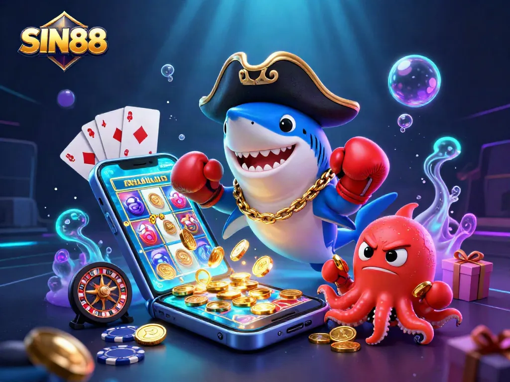 SIN88 offers excitement with a vibrant underwater casino scene featuring playful characters and dynamic gaming elements.