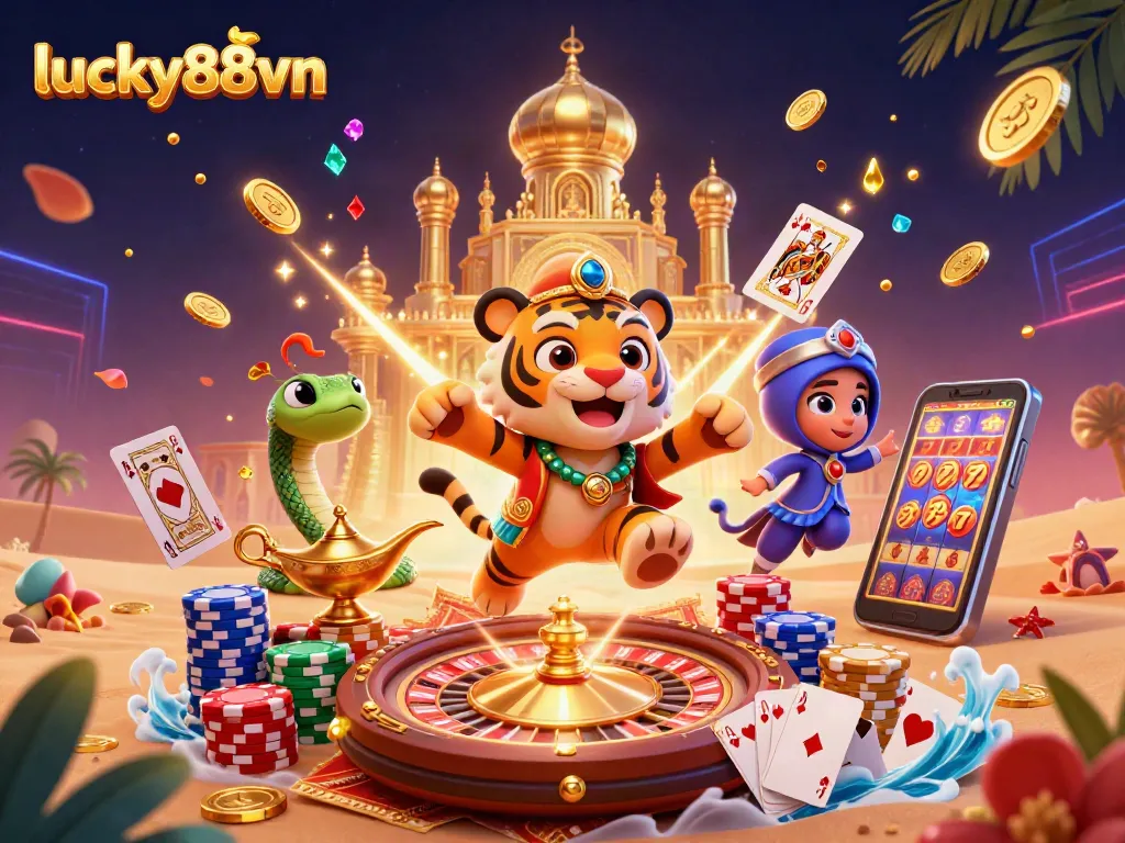 Engage in thrilling gameplay at lucky88vn with colorful poker chips, golden coins, and vibrant characters.