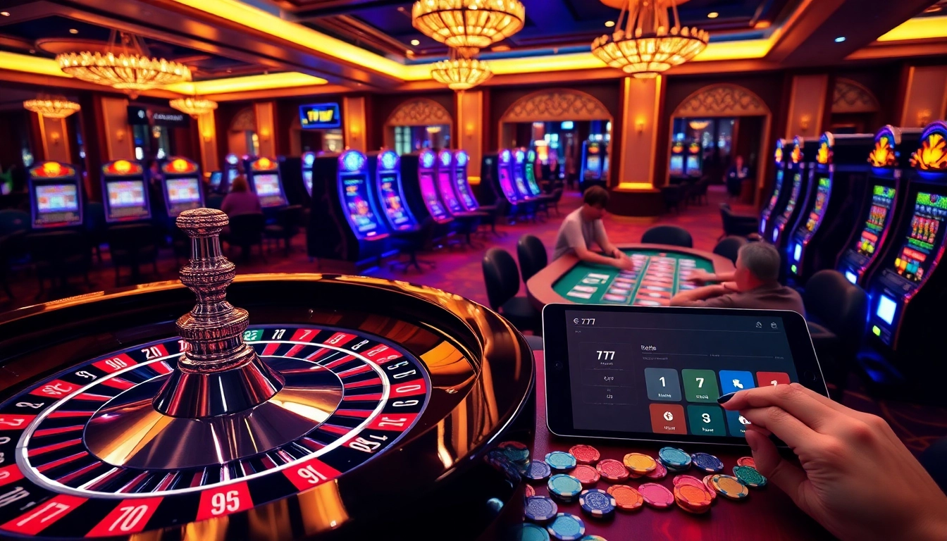 Play exciting casino games at 7C77, with vibrant roulette and poker action amid luxury.