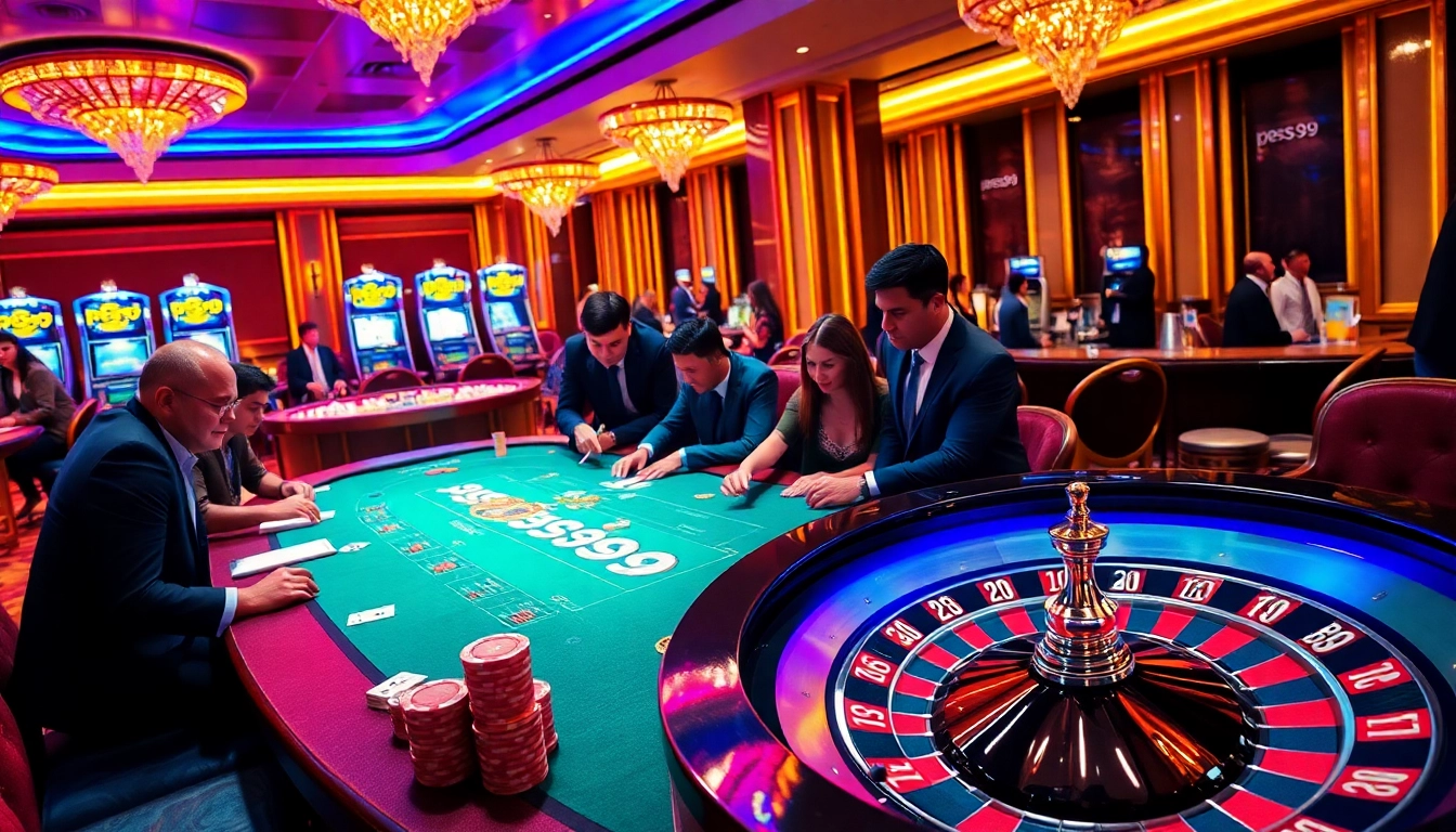 Engaging gameplay at PS99 casino with poker chips, cards, and a roulette wheel.