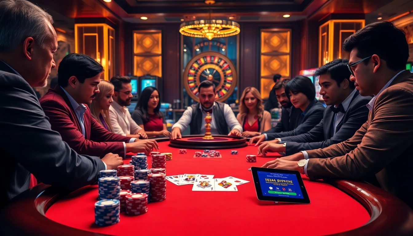 Players strategizing a thrilling poker game at https://jun88pl.com/ with vibrant chips and cards.