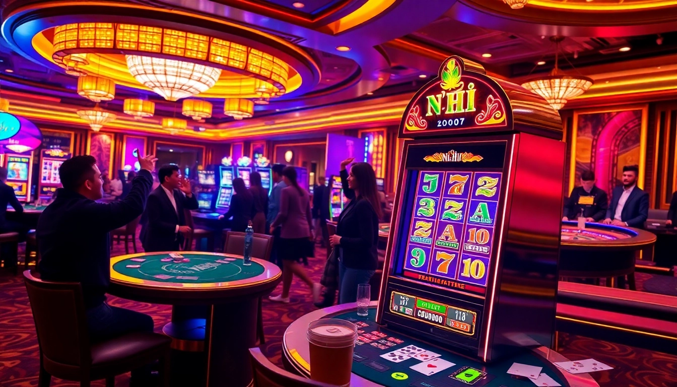 Nổ hũ slot machine celebrating wins in a luxurious casino setting, enticing gamers with excitement.