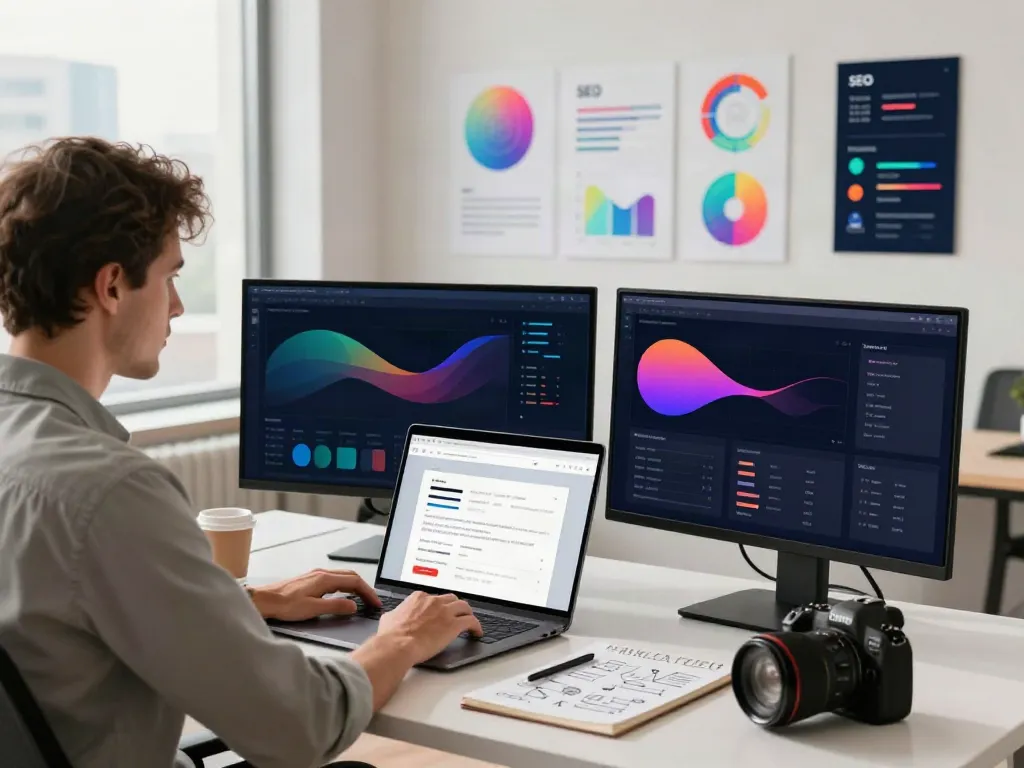 Digital marketing workspace showcasing instant indexing strategies and analytics.