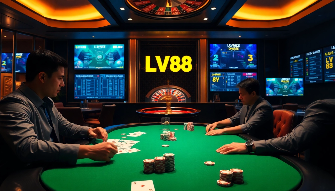High-stakes poker action at LV88 casino table with vibrant chips and cards.