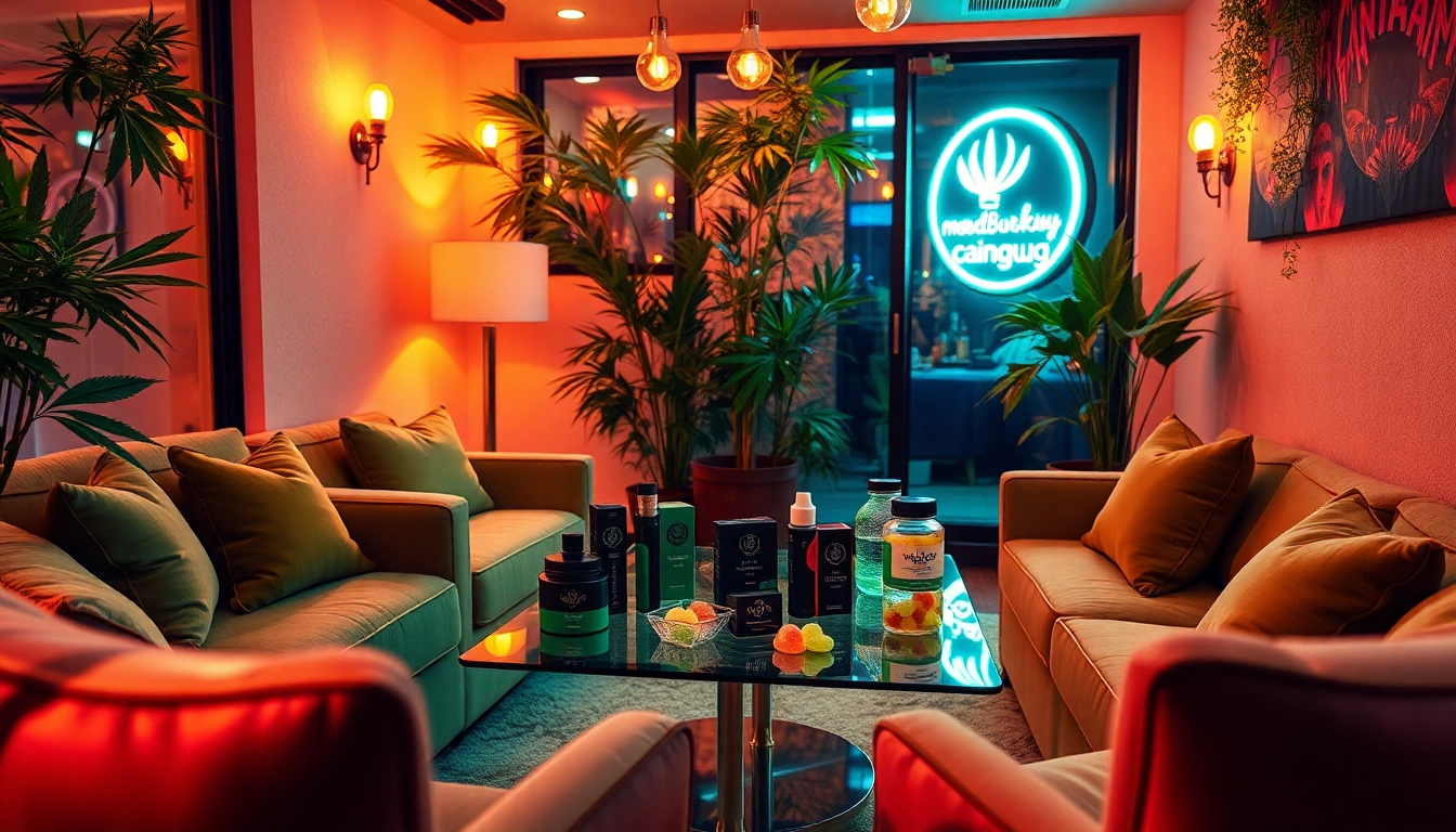 Explore moonbarguy thcp products arranged in a modern lounge setting with cannabis decor.