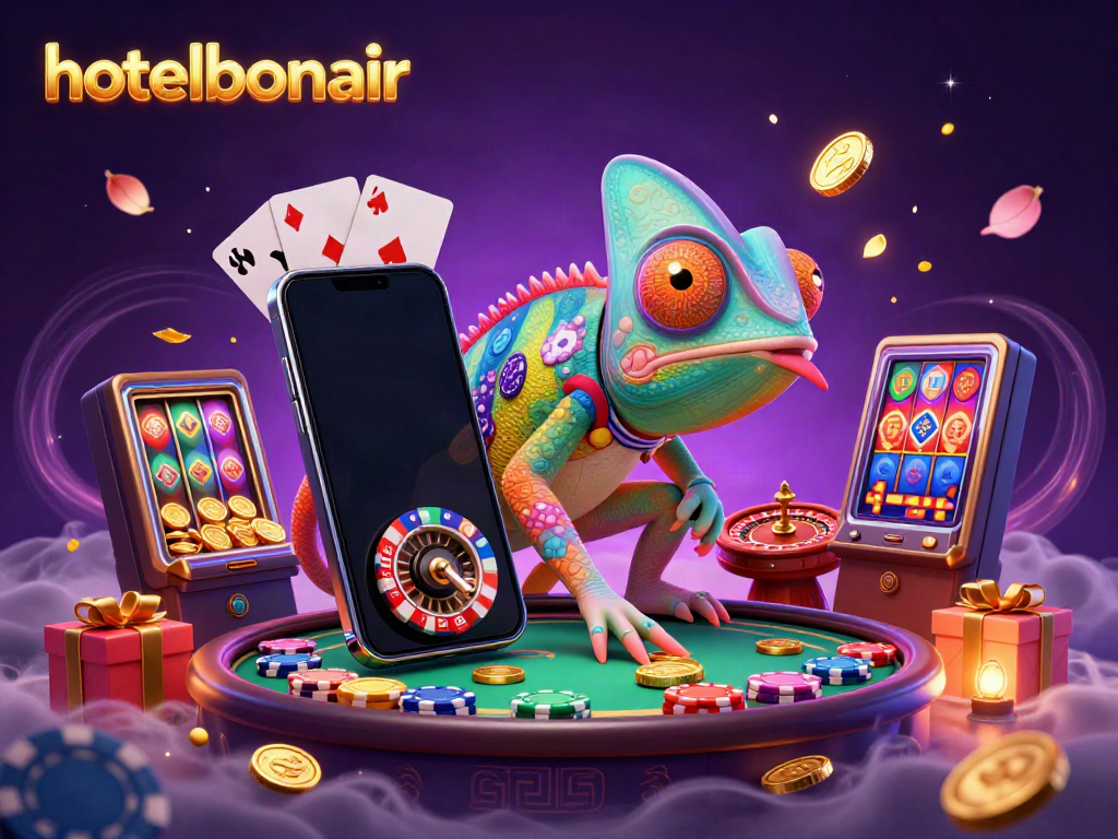 Experience the vibrant gaming atmosphere at hotelbonair with a lively chameleon casino owner amidst dynamic slot and poker elements.
