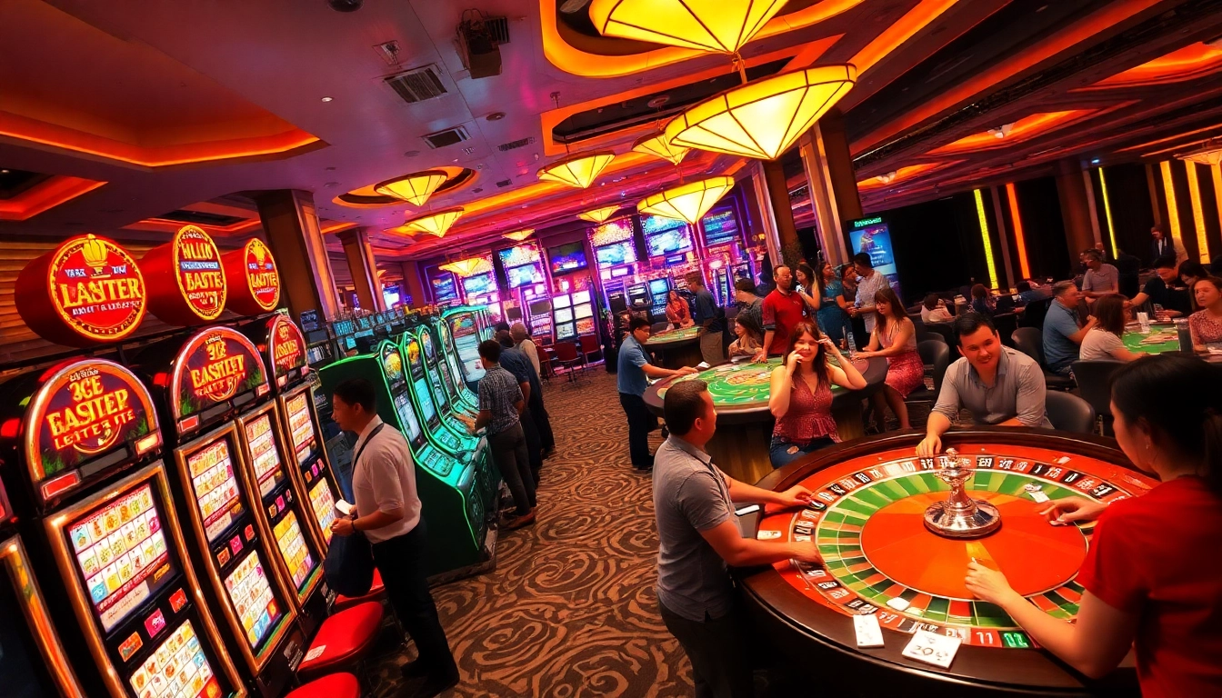 Experience the excitement of winning at https://78win.productions/ with vibrant casino scenes showcasing thrilling games and players.