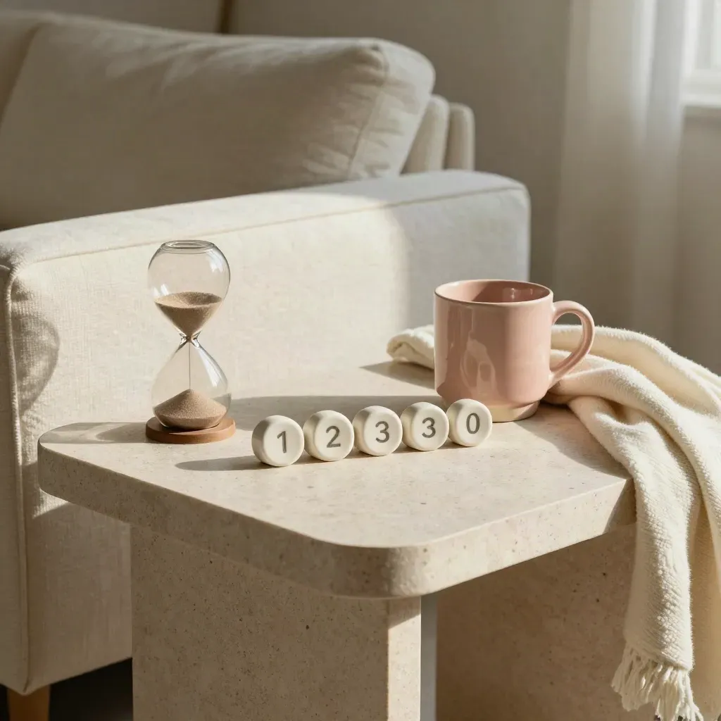 Travertine side table with date stones, sand timer, mug and folded blanket in warm light.