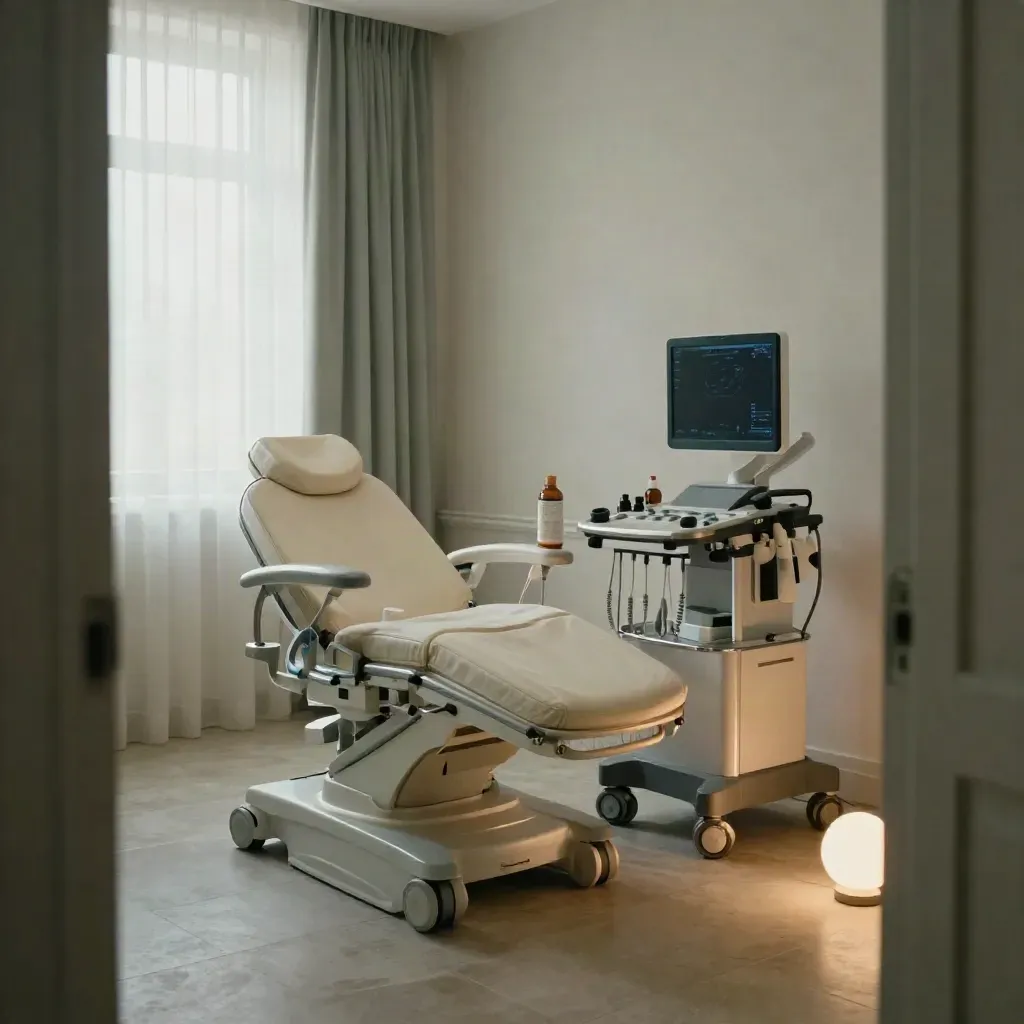 Dawn-lit fertility consultation suite with scan chair, ultrasound cart and sage-grey curtain.