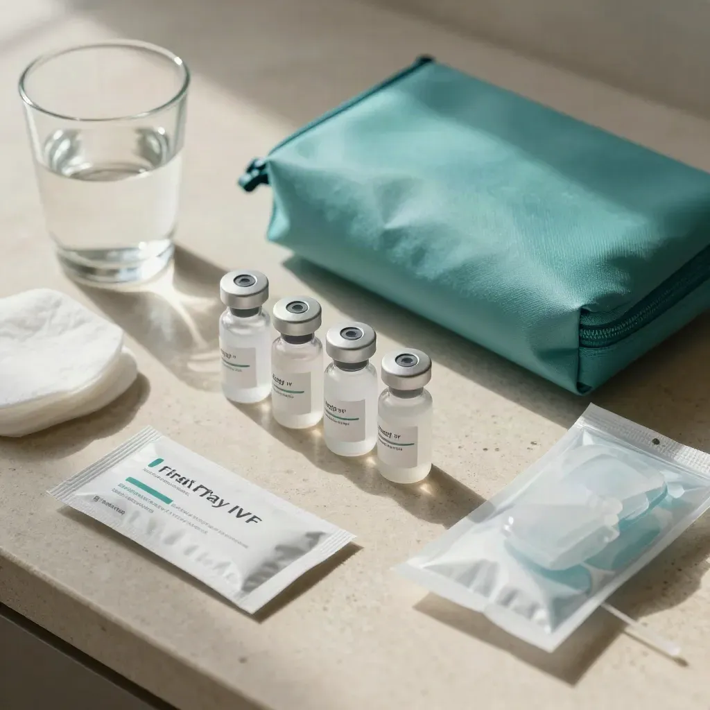 IVF prep kit with medication vials, insulated pouch, water glass, and clinic-day supplies on stone.