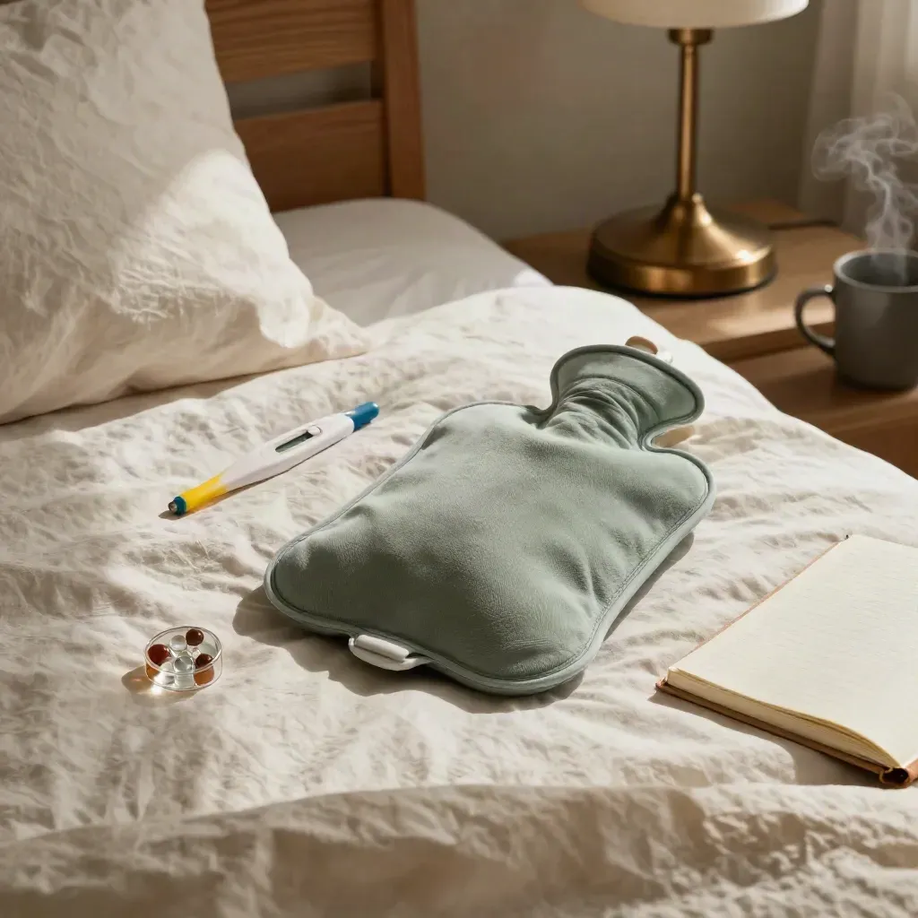 Bedside cycle-tracking tools on linen with thermometer, hot-water bottle, bead tracker and notebook.