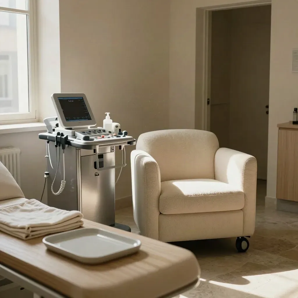 Cream clinic armchair, ultrasound cart, folded linen and ceramic tray in soft daylight.