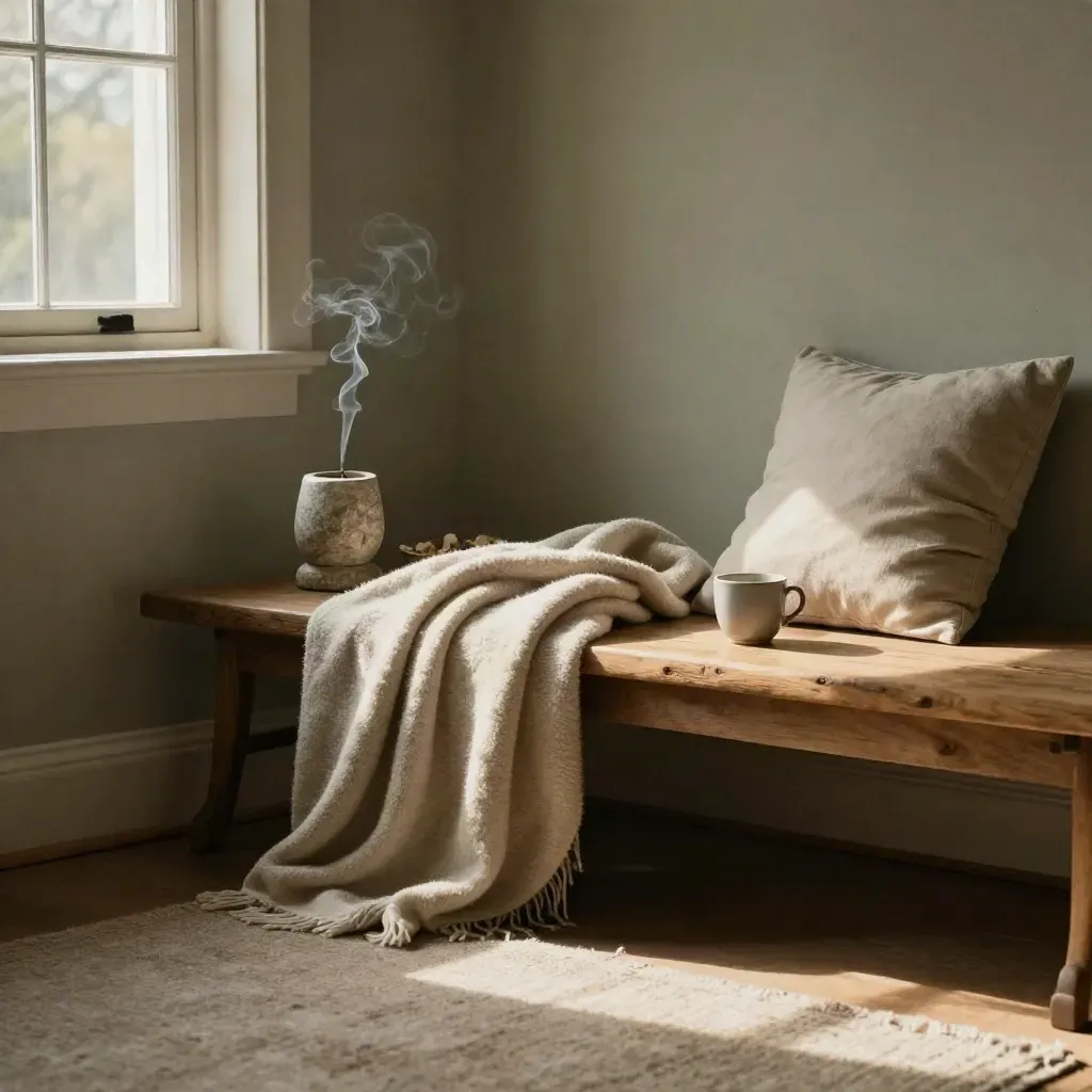 Quiet counselling corner with blanket, candleholder, petals and cup in warm late-afternoon light.