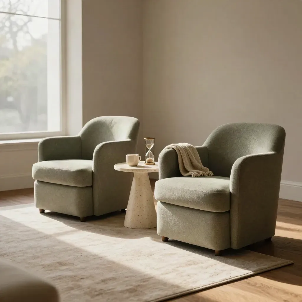 Two sage armchairs, cups and an hourglass in a calm therapy room with soft window glow.