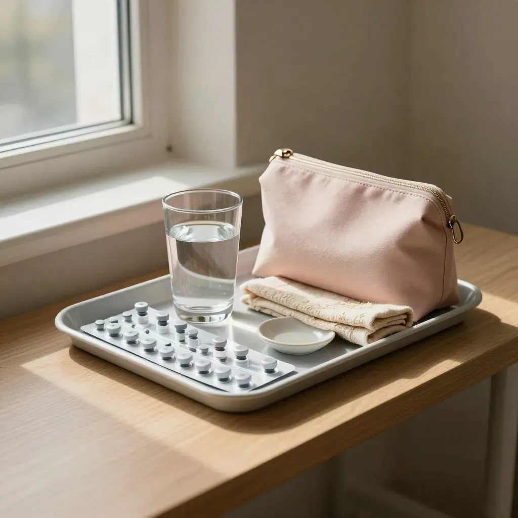 IVF prep tray with vials, water, pouch and scarf on a quiet bench by window.