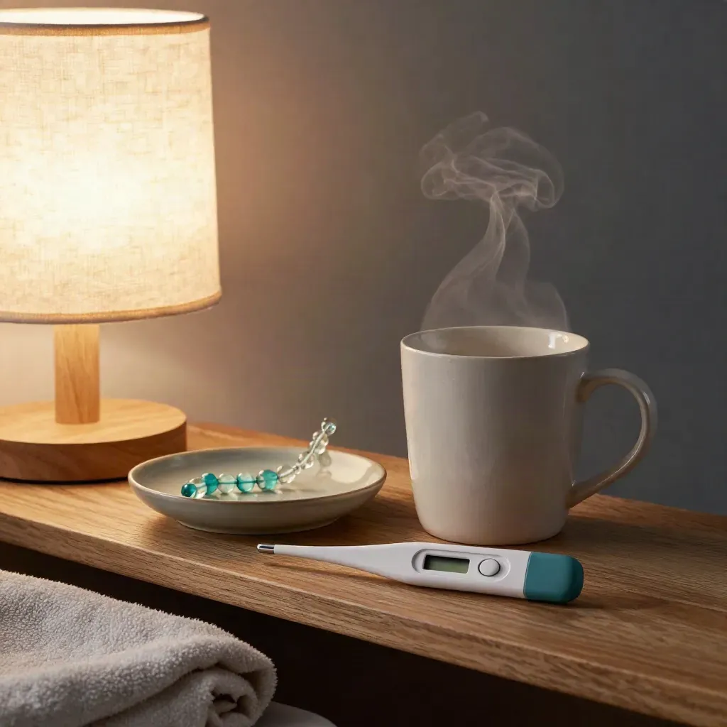Thermometer, steaming mug, bead tracker and lamp on a bedside shelf.