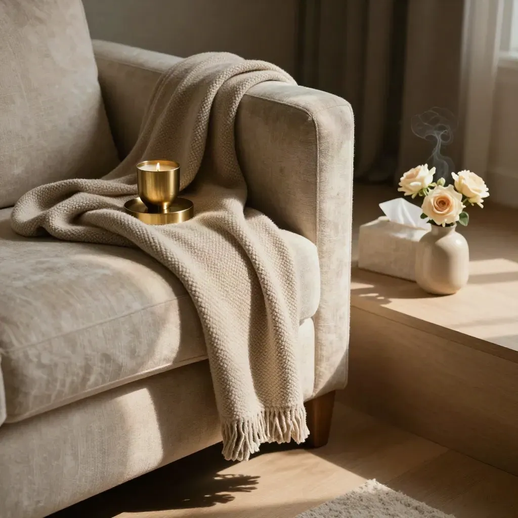 Cozy sofa corner with blanket, candleholder, tissue box, and pale flowers in late-afternoon light