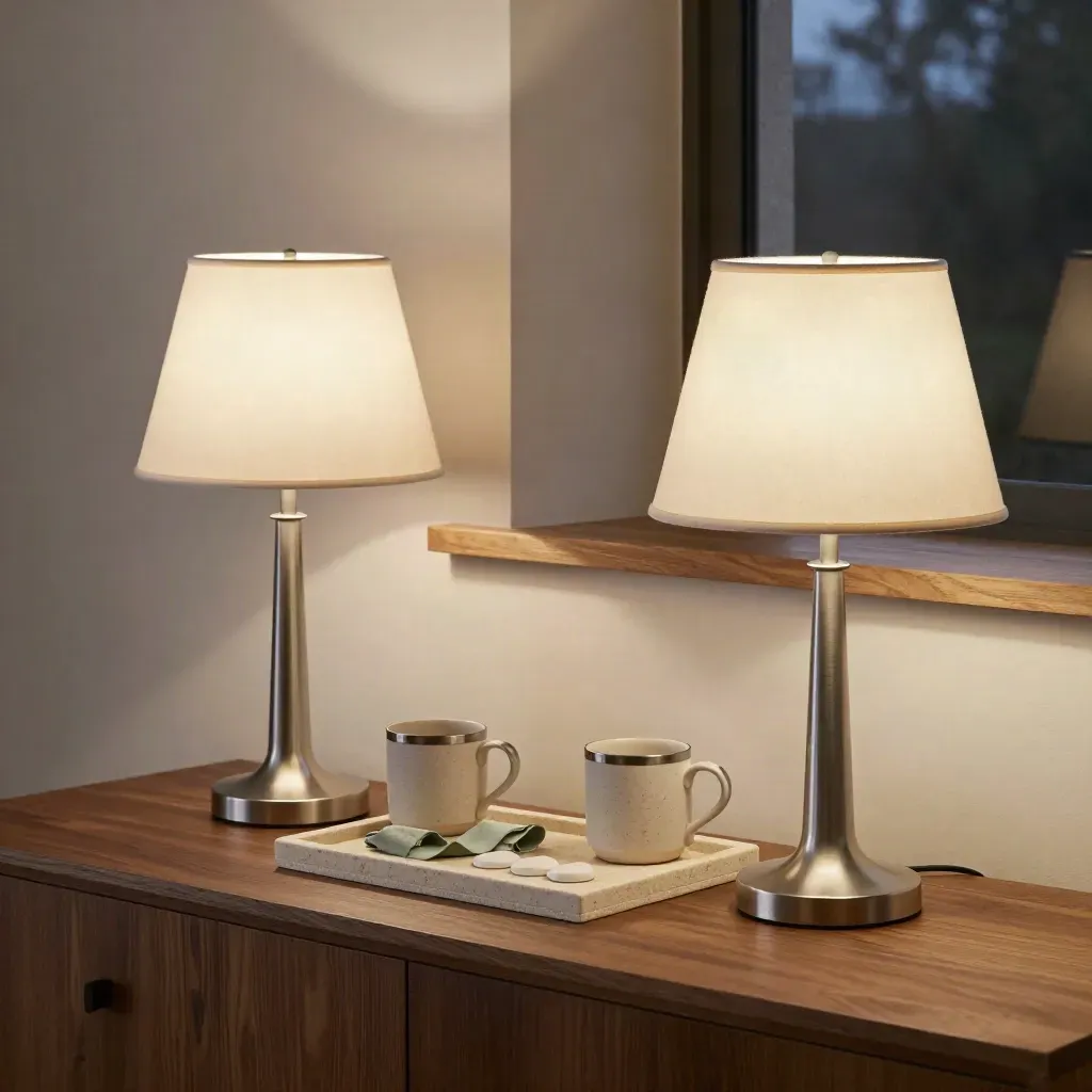 Two desk lamps, twin mugs, and a travertine tray on a calm sideboard at dusk