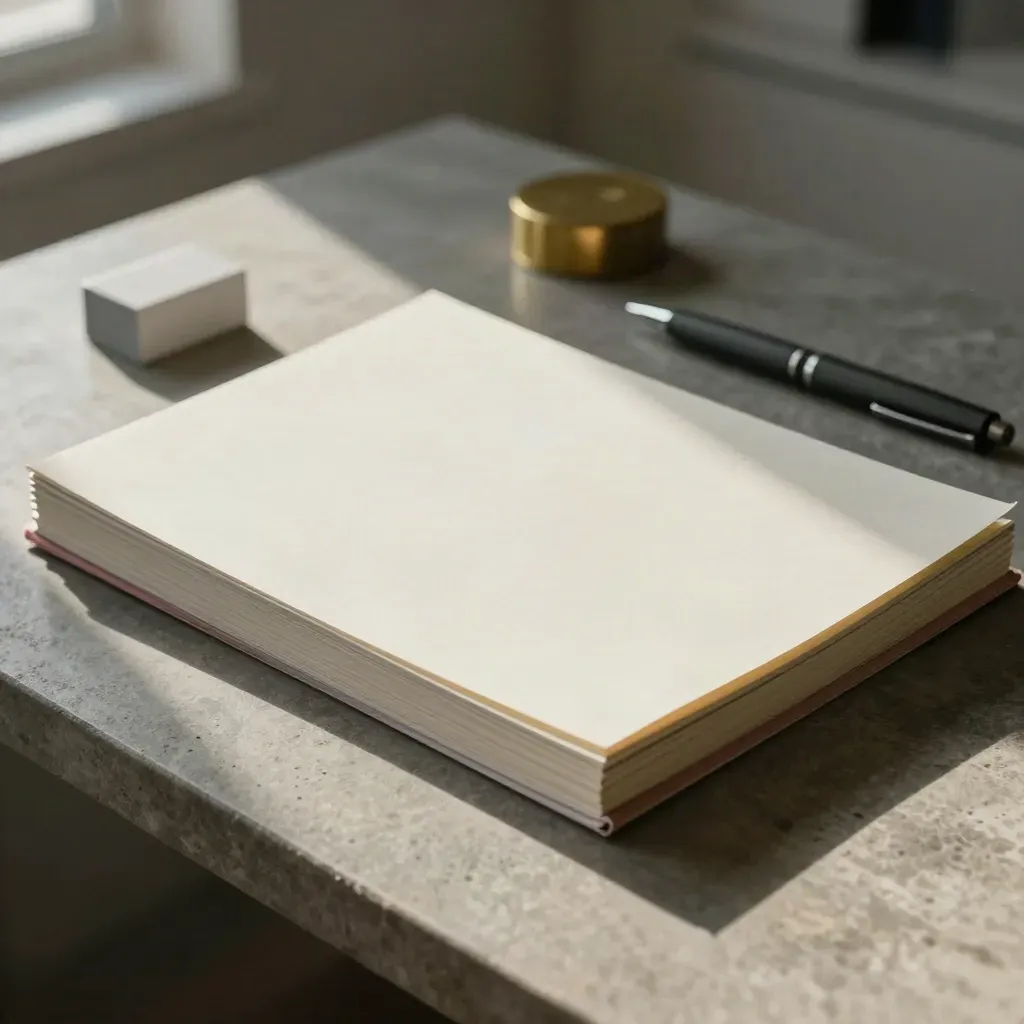 Top-down stone desk with face-down papers, blank notebook, pen and paperweight in soft daylight.
