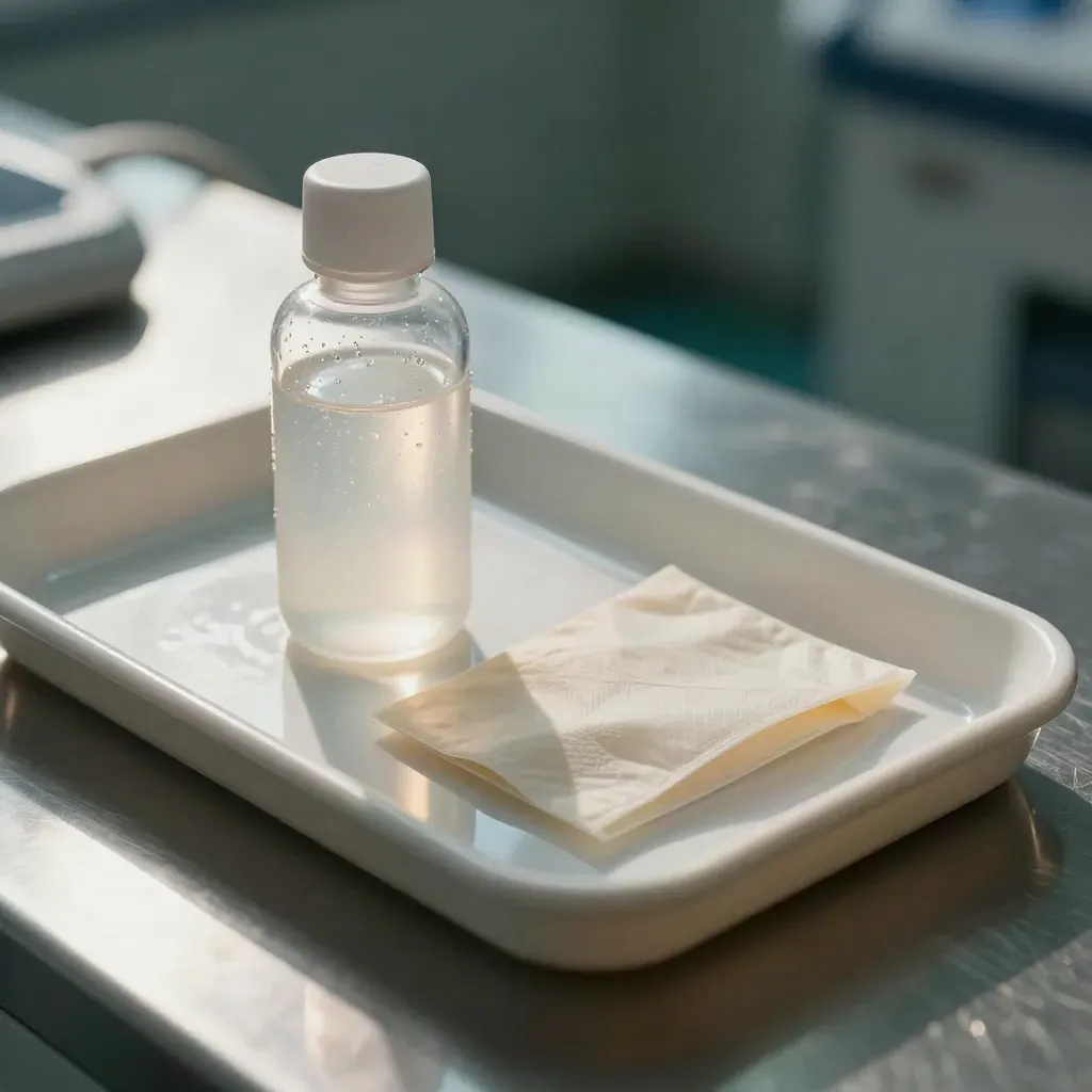 Macro still life of ultrasound probe kit on stainless counter with gel bottle and ceramic tray.