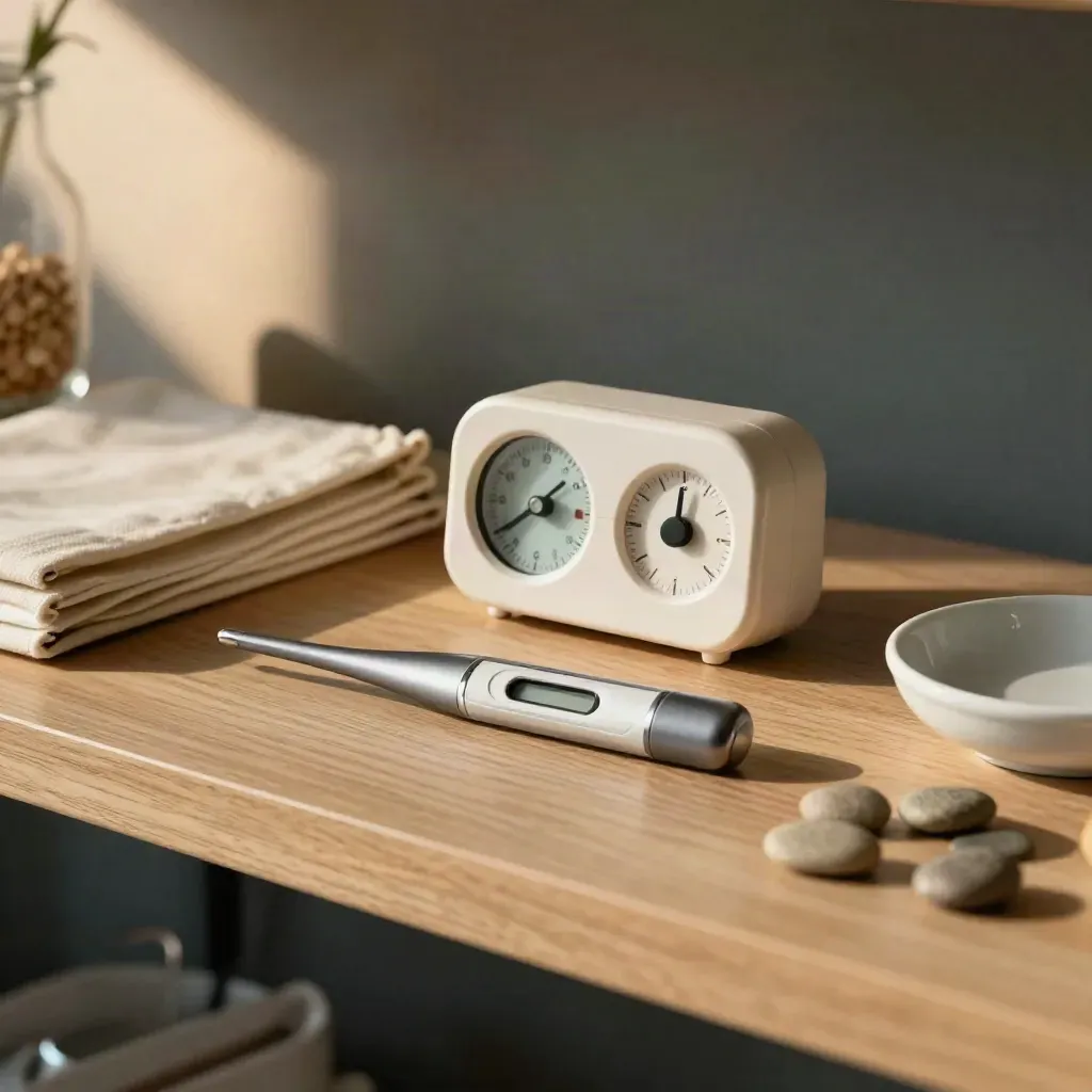 Cycle-tracking toolkit with thermometer, timer, pebble markers and linen journal on a shelf.